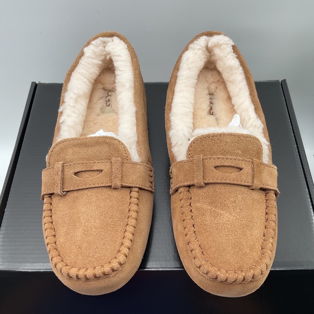 UGG Hailey Loafer Slippers Chestnut Suede Sheepskin Lined Flats 1019090
